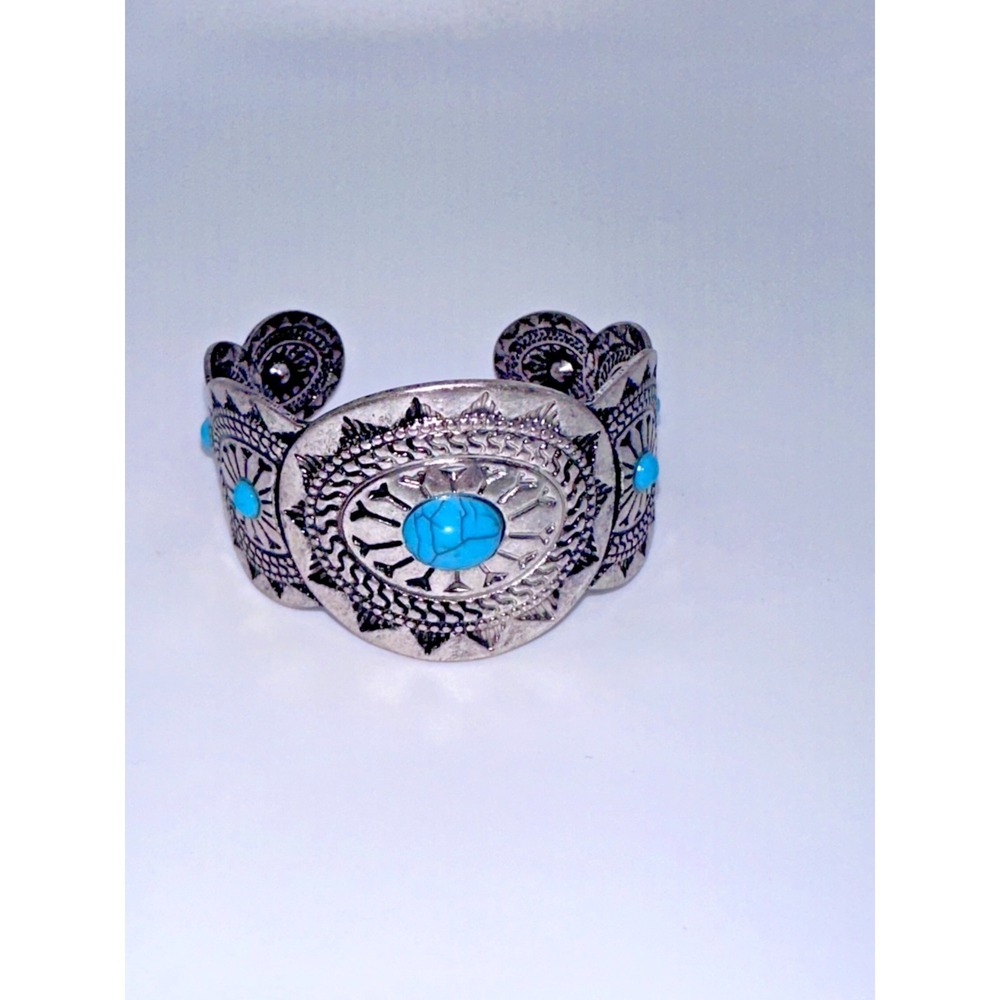 Bracelet Cuff Silvertone With Imitation Turquoise Small Boho Western - Picture 3 of 5